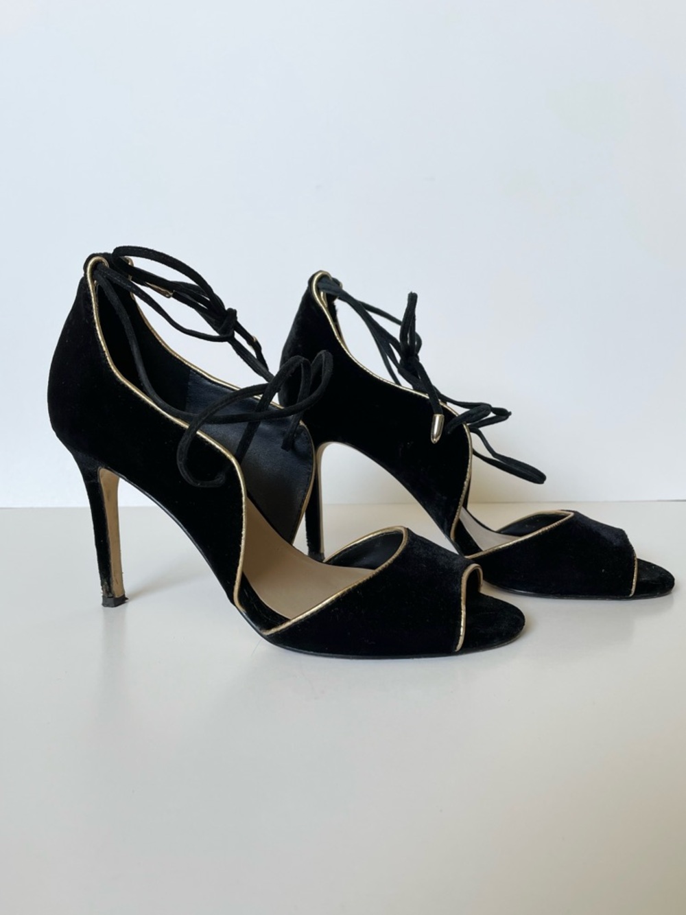 Lord & Taylor Black Velvet Peep-Toe Lace-Up Heels with Gold Trim